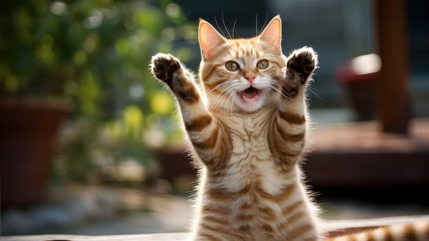 Funny surprised cat with a questioning pose. A cute kitten asks in surprise where the treats are. Generated AI
