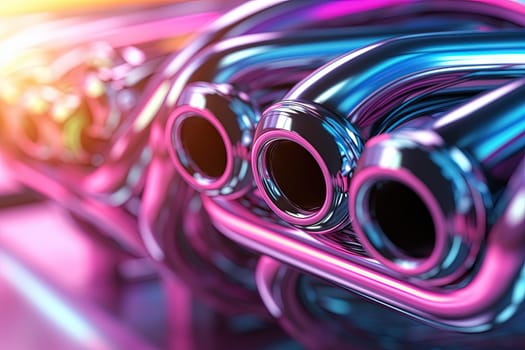 Abstract chrome pipes composition. Industry themed background with shiny metallic connected pipes. Generated AI