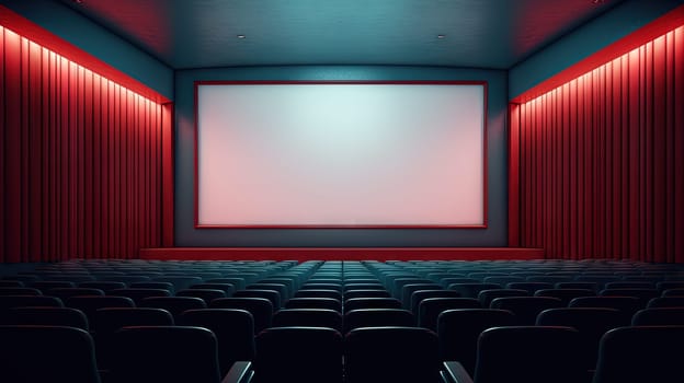 Cinema interior with seats and white screen. Movie theater room with chairs. Generated AI