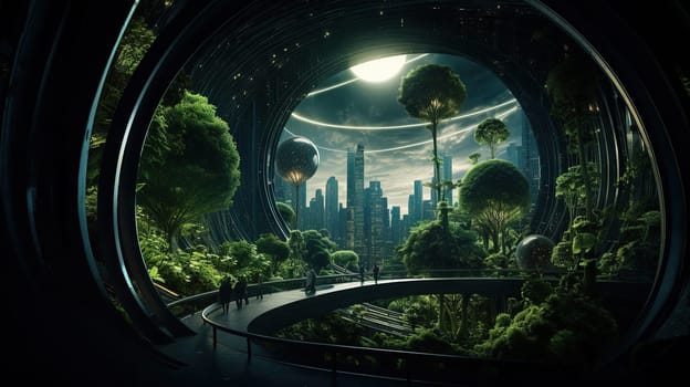 Retro futuristic cityscape flooded with green plants. Green technology. Environmental technology concept. Sustainable development goals. Generated AI.