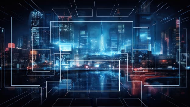 Neon technology city business concept with skyscraper buildings and virtual network connection. Generated AI