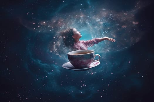 Woman meditating with cup of coffee in clouds of arome bringing her to astral space. Generated AI