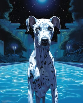 White dog in pool in artistic 3D style, digital art surrealism. Generated AI.