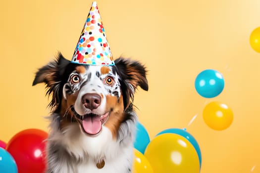 Dog celebrating birthday wearing cone hat. Happy birthday greeting card with funny puppy and copy space. Generated AI.