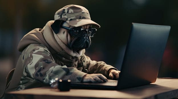 Dog works with the laptop. Remote work or freelance concept with funny puppy. Generated AI