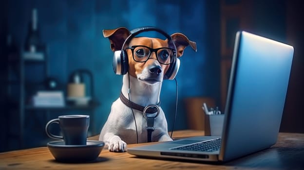 Dog works with the laptop. Remote work or freelance concept with funny puppy. Generated AI