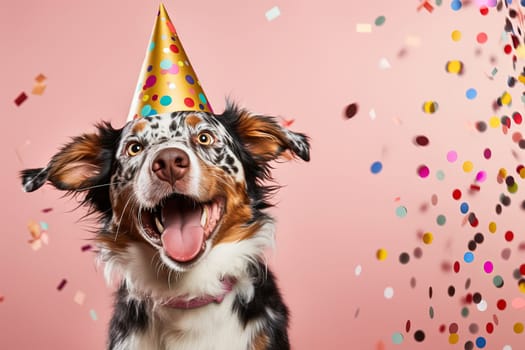 Dog celebrating birthday wearing cone hat. Happy birthday greeting card with funny puppy and copy space. Generated AI.