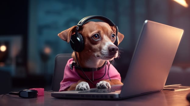 Dog works with the laptop. Remote work or freelance concept with funny puppy. Generated AI