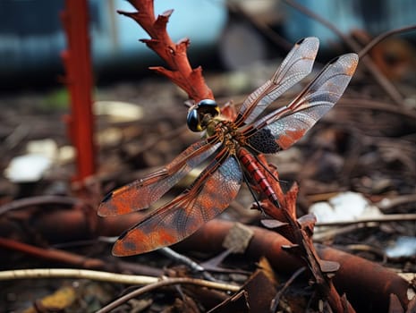 Red dragonfly sitting on the dry plants. Big abstract insect colse up view. Generated AI