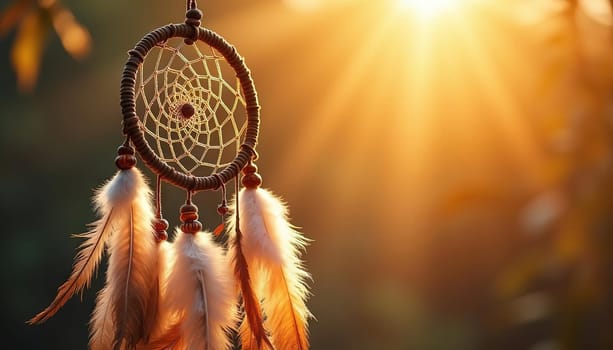 Dreamcatcher with colorful feathers and intricate web design for calm and mystical experience. Generated AI.