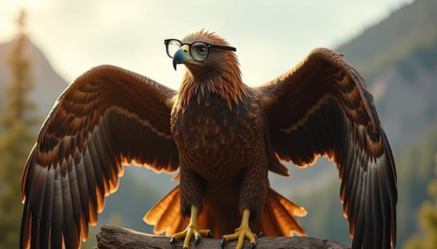 Close-up of a majestic eagle wearing glasses against a mountain landscape. Generated AI.