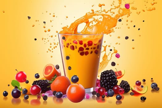 Fruit juice and berries in bubble tea with juicy splash in the glass. Generated AI
