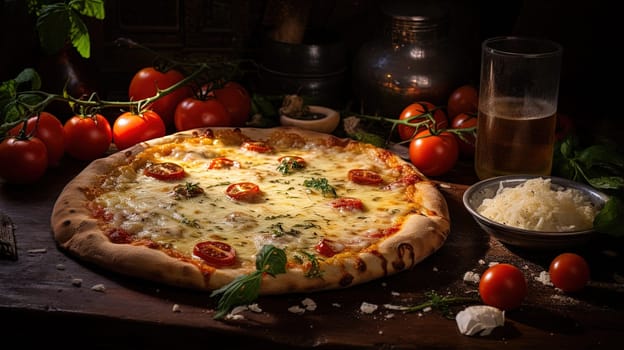 Pizza with cheese, tomatoes and other ingredients on the kitchen table. Generated AI