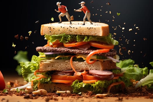 Tiny people building juicy sandwich on the lawn. Funny food concept. Generated AI
