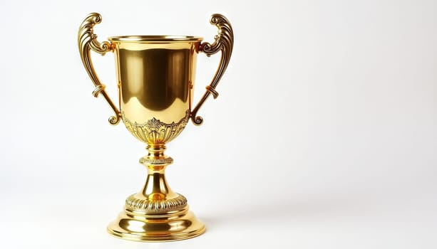 Golden trophy cup with ornate handles for a challenge winner against a light background. Generated AI.