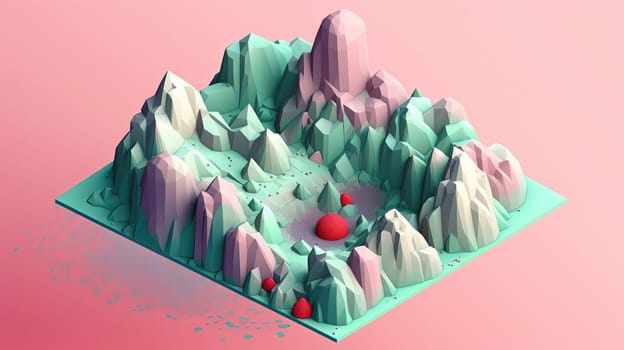 Abstract virtual isometric terrain with mountains. Slice of topographic ground with peaks. Generated AI