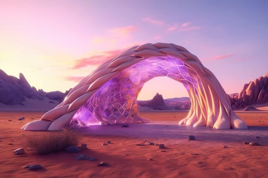 Surreal crystal gate or arc. Fictional architecture or sci-fi object in the desert. Generated AI