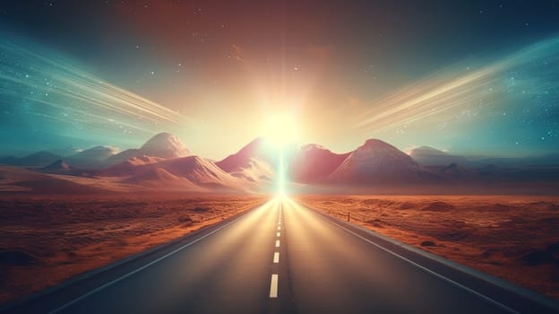 Futuristic pyramid landscape with a light pathway casting a mystical glow in the dusk sky. Generated AI