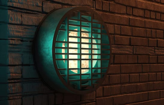 Lamp on the wall in mysterious green light. Retro or steampunk lamp on the urban wall. Generated AI