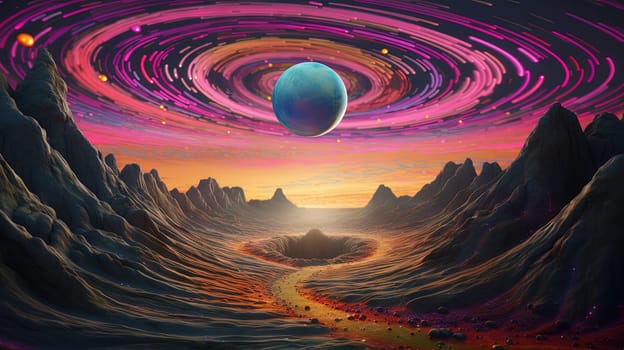 Fantasy landscape of a sci-fi planet with mountains and a road with mystic sphere. Generated AI.