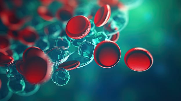 Red blood cells flowing on green background in scientific abstraction. Health and medicine concept. Generated AI