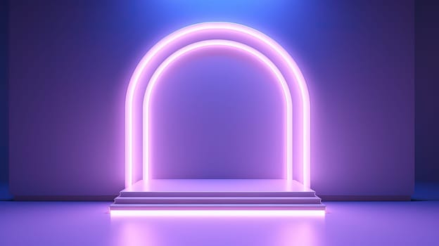 Neon arc in blue and purple lights room. Abstract background for product display. Generated AI