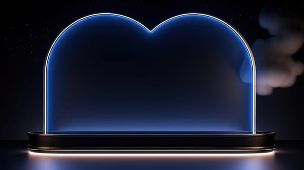 Neon arch in dark blue lights room with clouds. Abstract background for party stage or product display. Generated AI