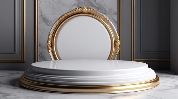 White marble pedestal with gold in the studio room, mockup stand for presentation. Generated AI