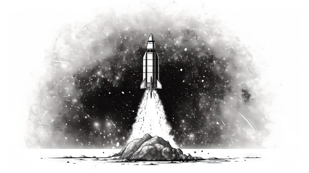 Rocket launch scene in retro black and white style. Rocket take off illustration. Generated AI