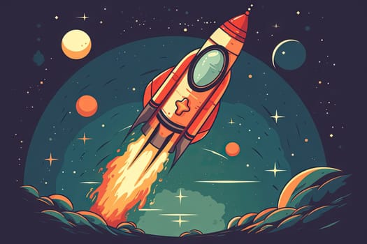 Rocket takeoff in retro style. Vintage space rocket start with fire and smoke. Generated AI