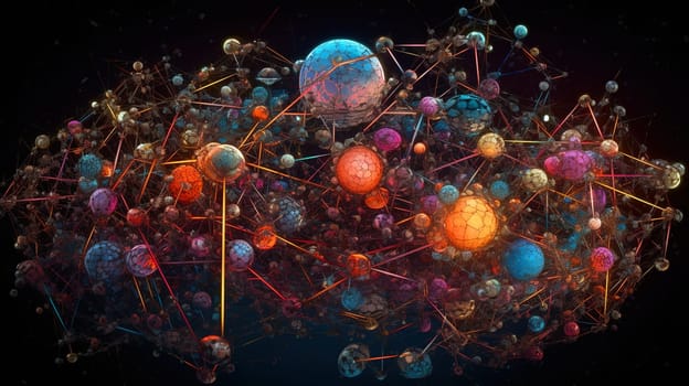Abstract scientific concept with connected cells and particles. Science microscopic background. Generated AI