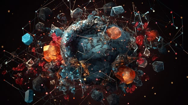 Abstract scientific concept with connected cells and particles. Science microscopic background. Generated AI