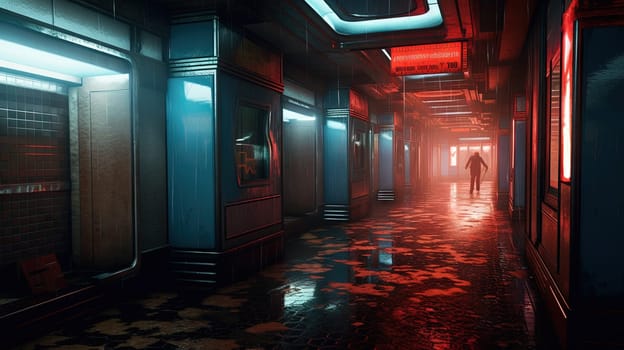 Cyberpunk street with glowing neon ads in sci-fi city. Futuristic cyberpunk street in the neighborhood. Generated AI.