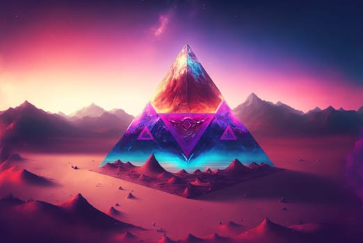 Alien sci-fi landscape with mountains on the sunrise. Science fiction scene of a distant planet. Generated AI