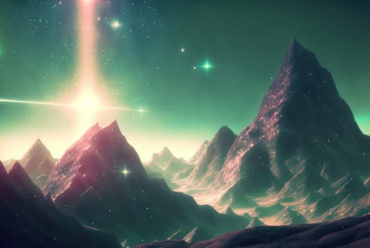 Alien sci-fi landscape with mountains on the sunrise. Science fiction scene of a distant planet. Generated AI