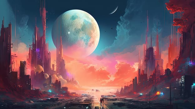 Space landscape on alien planet with mountains and sun in the style of 80s sci-fi book art. Generated AI