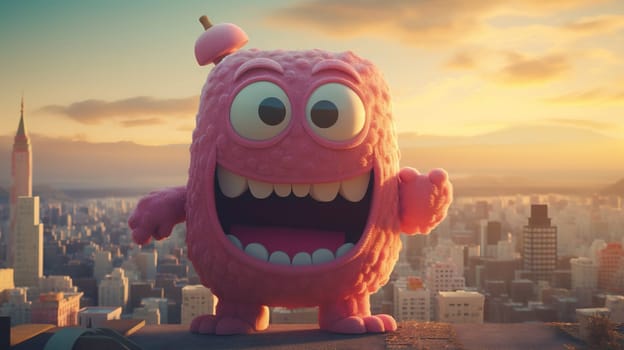 Giant funny and cute monster over the city. Spooky fairytale concept with excited creature. Generated AI