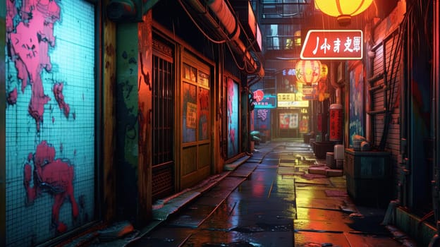 Cyberpunk street with glowing neon ads in sci-fi city. Futuristic cyberpunk street in the neighborhood. Generated AI.