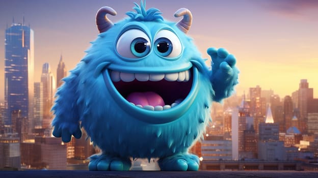 Giant funny and cute monster over the city. Spooky fairytale concept with excited creature. Generated AI