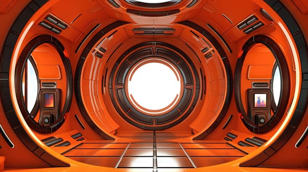 Spaceship or lab interior in retro futuristic sci-fi style with round doors. Generated AI