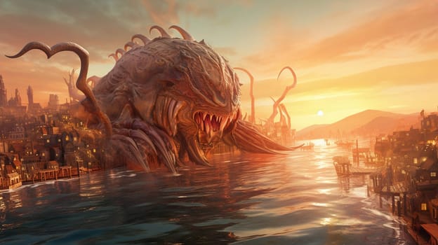 Giant monster from the sea attacking the city on the coast. Scary fairytale concept with Kraken. Generated AI