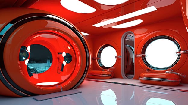 Spaceship or lab interior in retro futuristic sci-fi style with round doors. Generated AI