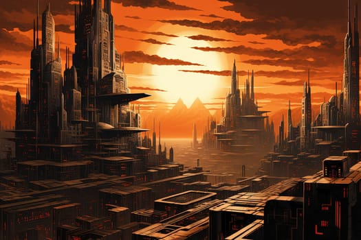 Science fiction landscape with futuristic city at orange dusk on the alien planet. Generated AI