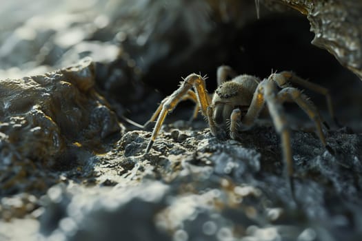 Spider crawling in the cave. Dangerous insect from fairytale. Generated AI