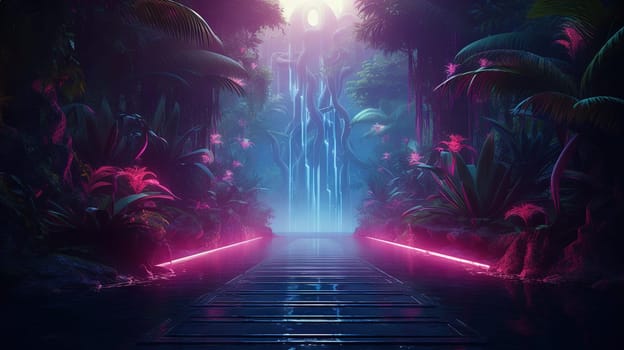 Magic forest with blue and purple neon colors and glowing. Mysterious pathway in the jungle. Generated AI