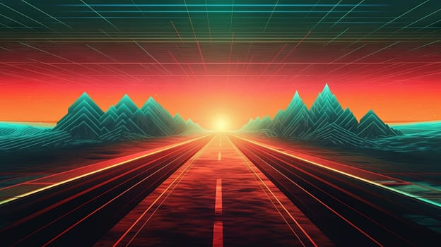 Road to horizon in synthwave style. 80s styled purple and blue synthwave highway landscape. Generated AI
