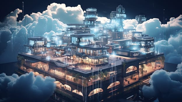 Concept of a digital city with cloud connections. Futuristic network in the clouds. Generated AI