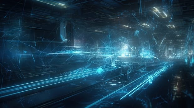 Abstract technology burst with glowing wires and particles in motion. Technology and science dynamic background. Generated AI