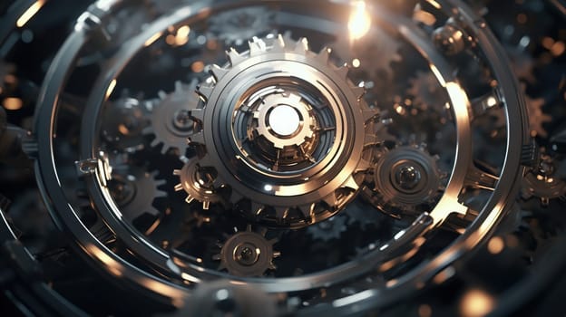 Technology or industrial background with abstract metallic gears in mechanism. Generated AI.