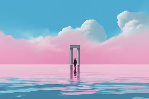Surreal vaporwave landscape with abstract architecture elements on the water. Dreamy landscape. Generated AI